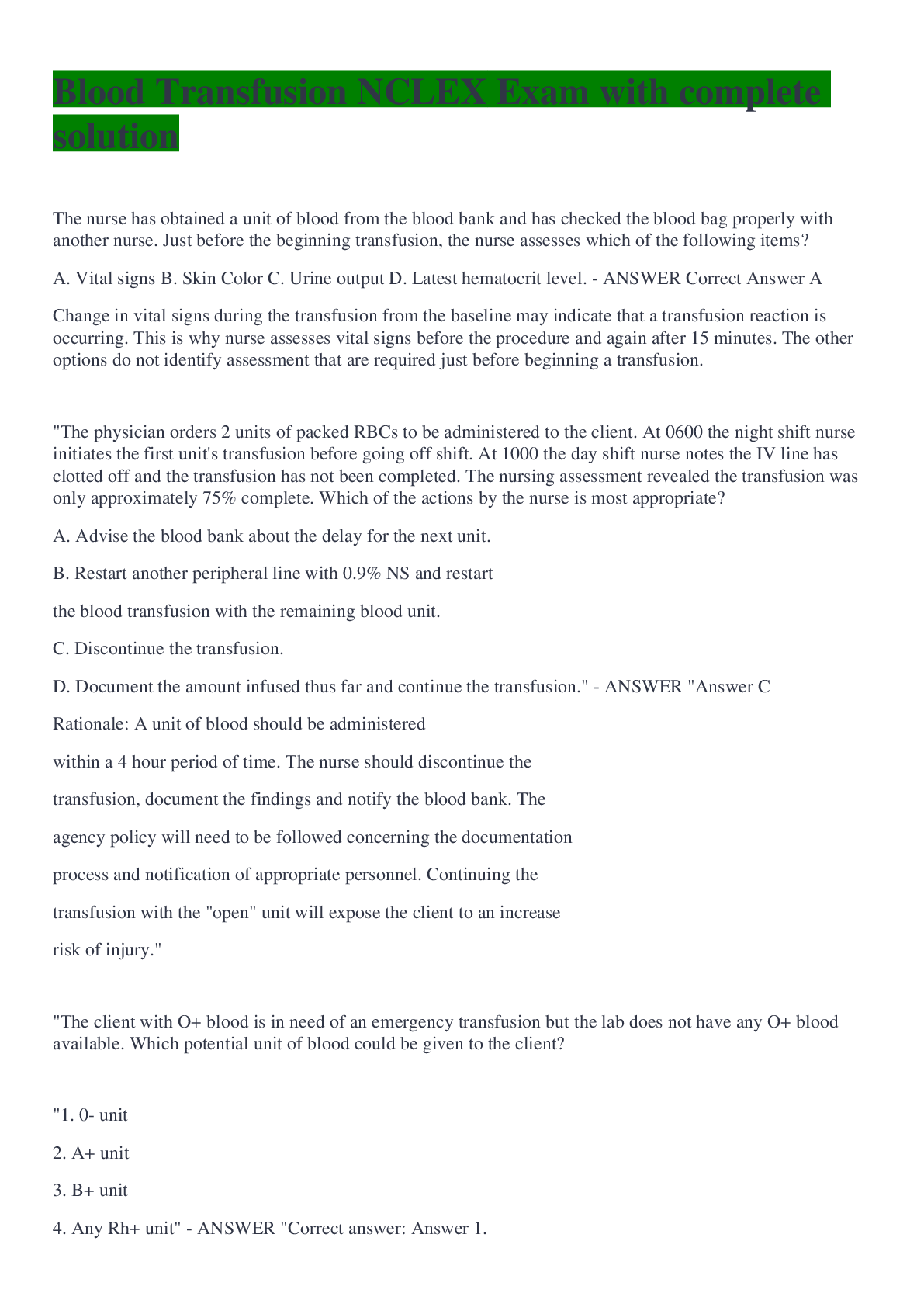 Preview image of Blood Transfusion NCLEX Exam with complete solution document